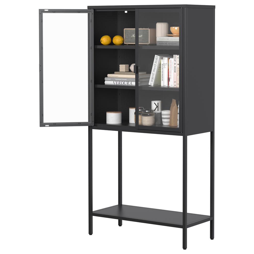 Leoglint 59"H Heavy Duty Metal Storage Cabinet,Sideboards & Buffet,Display Storage Cabinet with Glass Doors and 2 Adjustable Shelves, Tall Bookcase Modern Bookshelf Cabinet for Home Office, Living Room