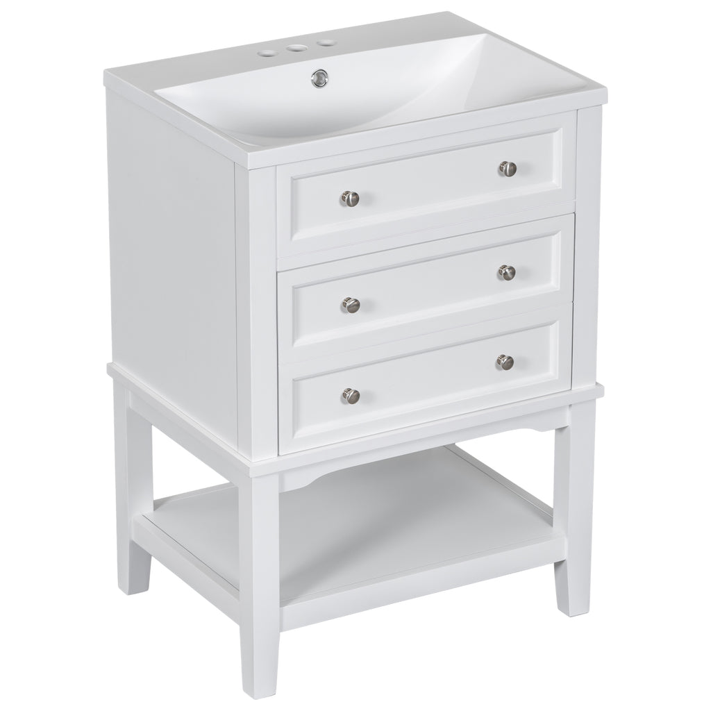 Leoglint 24" Bathroom Vanity With Sink, Bathroom Storage Cabinet with Drawer and Open Shelf, Solid Wood Frame, White