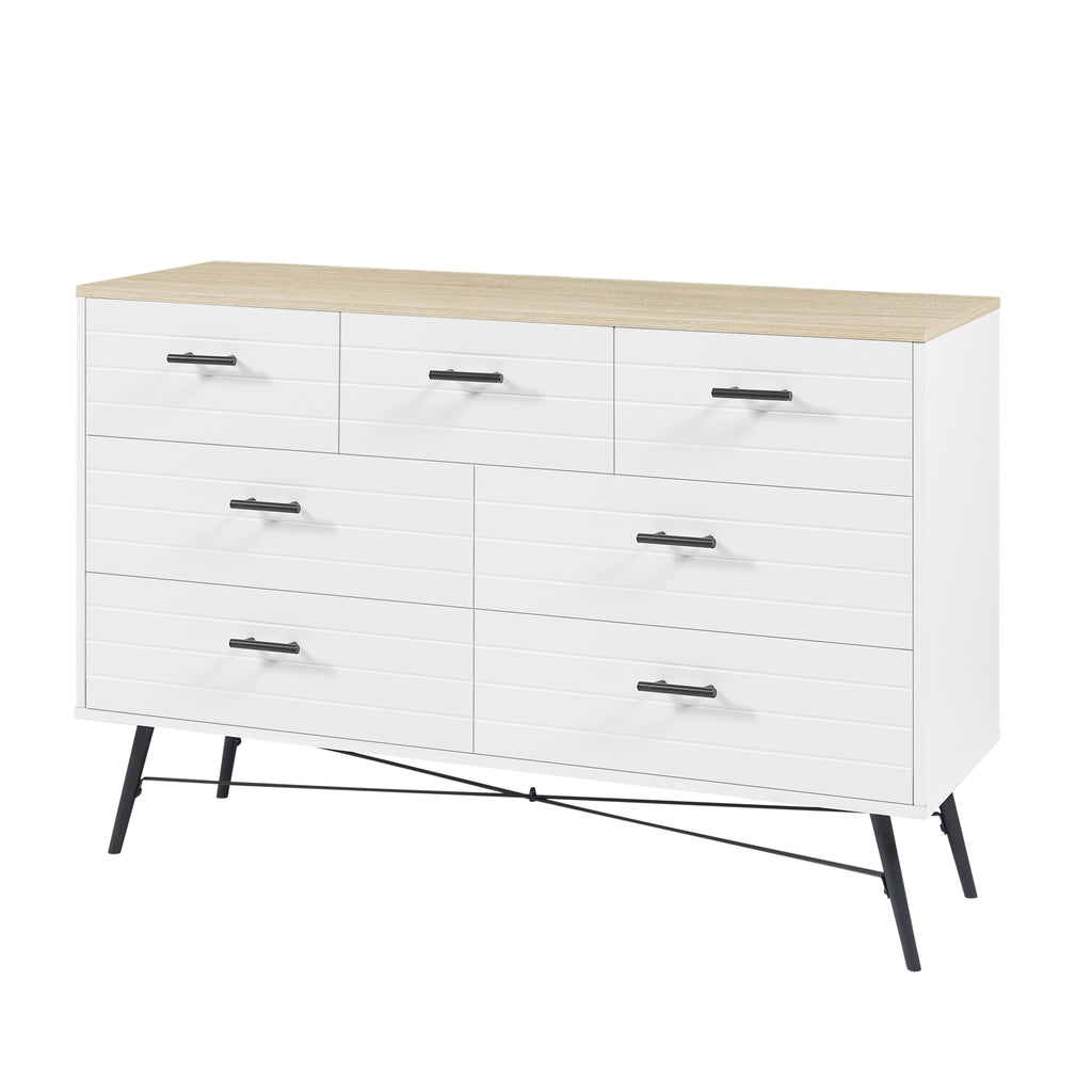 Leoglint 7 Drawer Chest Drawer Dresser for Bedroom with Deep Drawers, Wood Dressers & Chest of Drawers, Modern White Long Dressers for Closet Living Room, 47.2"W x 15.7"D x 31.5"H, White & oak