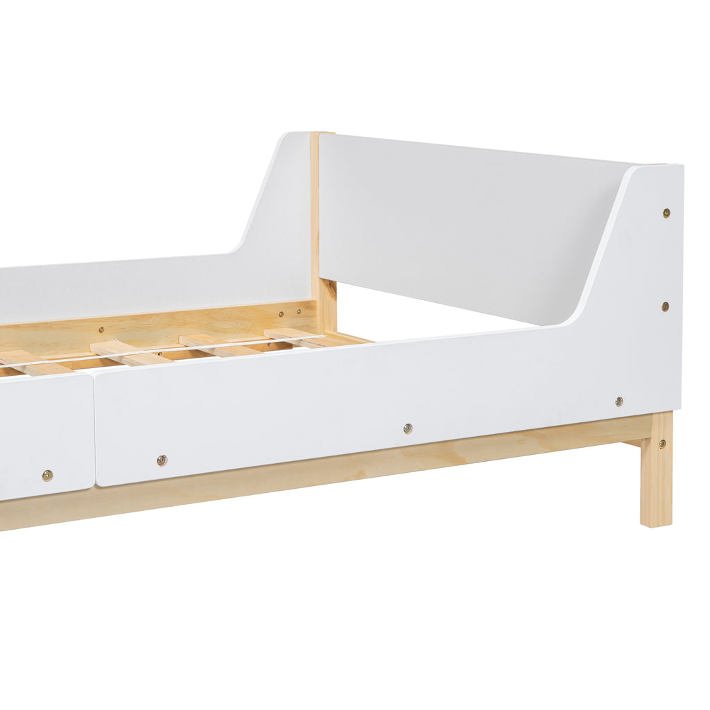 Twin Bed Frame with Headboard, Footboard, Safeguards,  Built-in Bed-end Book Storage Rack ,White