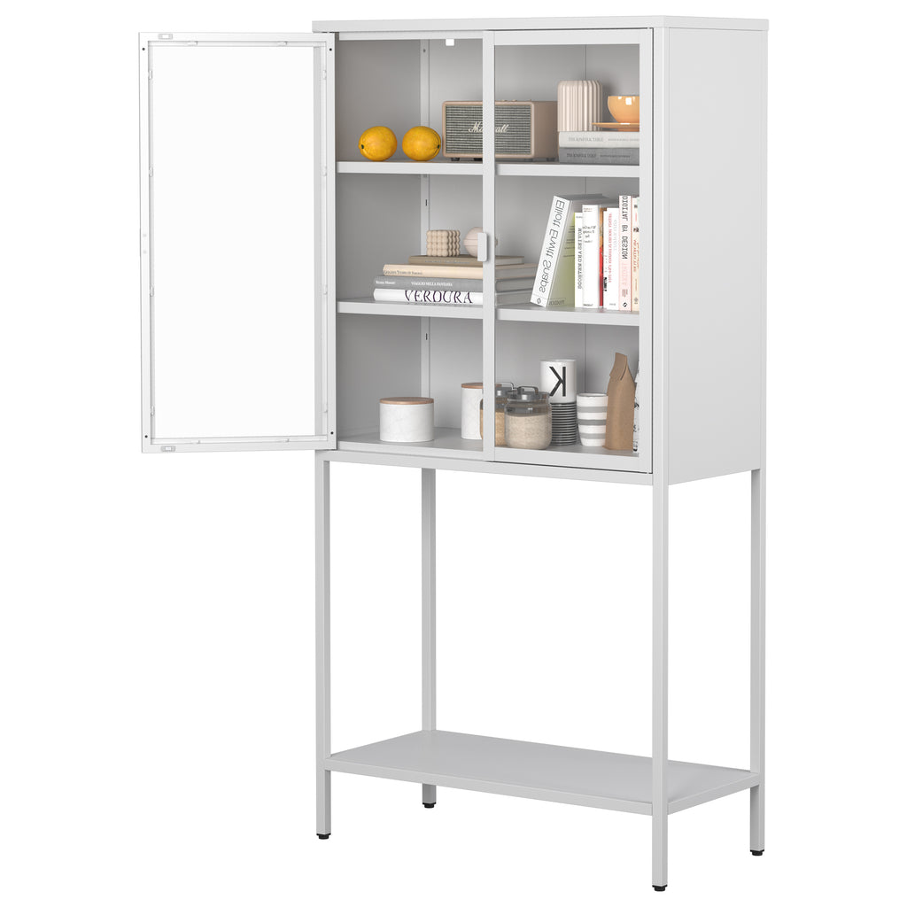 Leoglint 59"H Heavy Duty Metal Storage Cabinet, Display Storage Cabinet with Glass Doors and 2 Adjustable Shelves, Tall Bookcase Modern Bookshelf Cabinet for Home Office, Living Room, Pantry