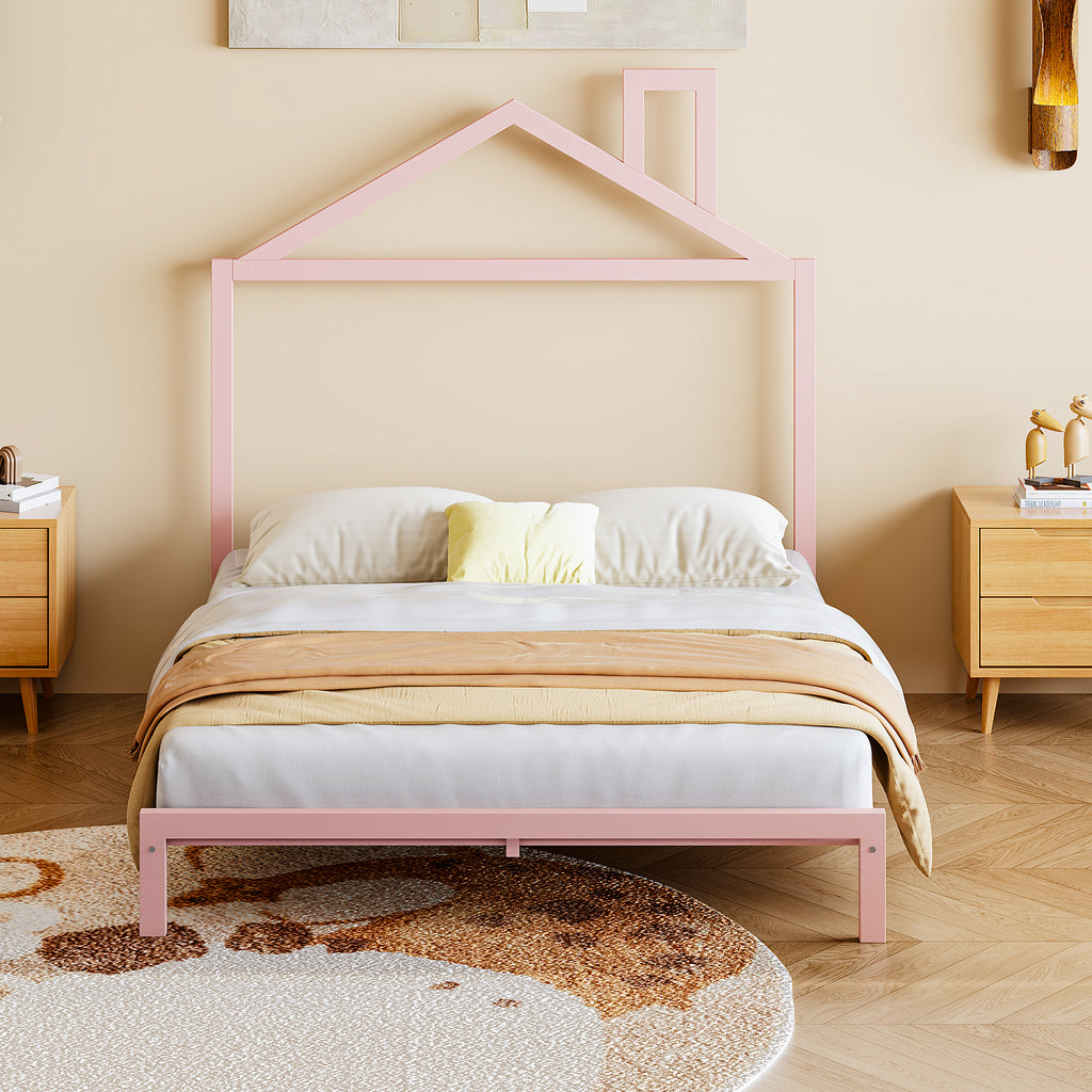 Leoglint Bed Frame Full Size Metal Platform Bed with House-Shaped Headboard Design, Pink