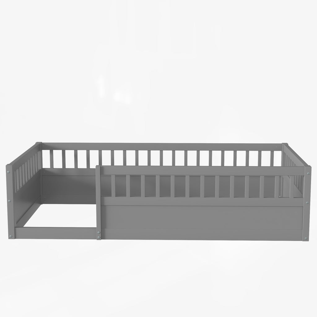 Twin Floor Bed Frame with Fence, Wood Kids Floor Beds Frame for Bedroom Playroom,Gray(Expect arrive date Jun. 21st)