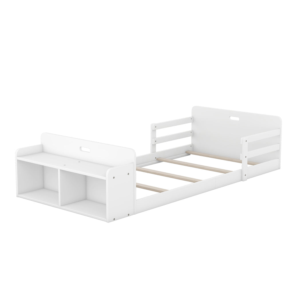 Leoglint Twin Size Floor Bed Frame with Storage Footboard and Guardrail, White