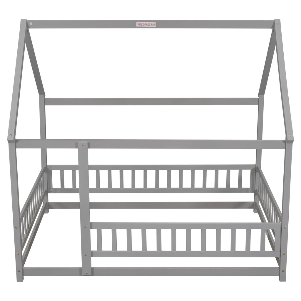 Leoglint Bed Frame Full Size Floor Wooden Bed with House Roof Frame, Fence Guardrails ,Grey