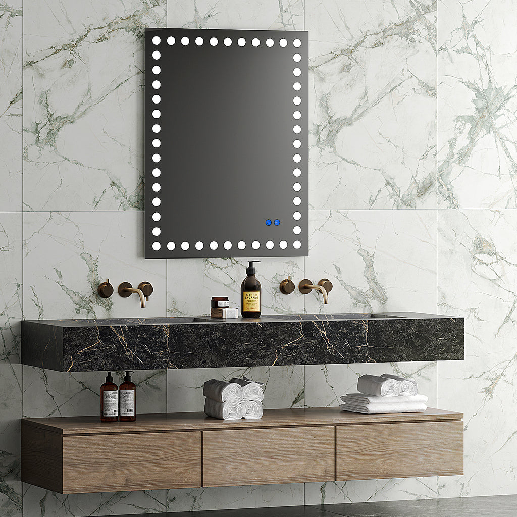 Leoglint 36×28 Inch Led-Lit Bathroom Mirror, Wall Mounted Anti-Fog Memory Rectangular Vanity Mirror With Tri-White Front Circular Light And Touch Sensor Dimmer Switch