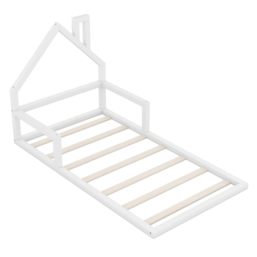 Leoglint Twin Size Wood Floor Bed Frame with House-shaped Headboard, White