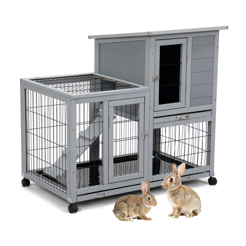 Leoglint Detachable Rabbit Hutch with Removable Tray and Rolling Casters, Gray+White