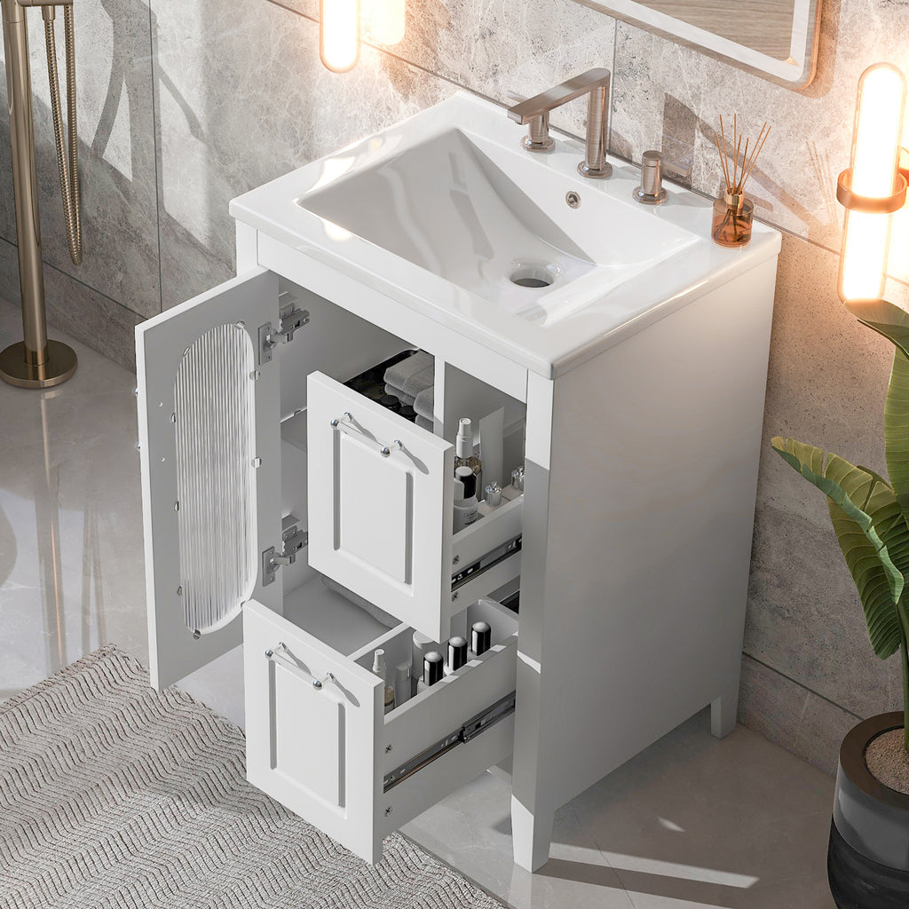 Leoglint 24" Bathroom Vanity with Sink, Bathroom Vanity Cabinet with Two Drawers and Door, Adjustable Shelf, Solid Wood and MDF, White