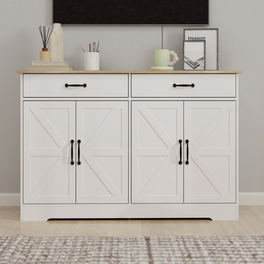 Leoglint 47.95" Farmhouse Buffet Cabinet Storage Sideboard with 2 Drawers and 4 Doors for Dining Living Room Kitchen Cupboard-White