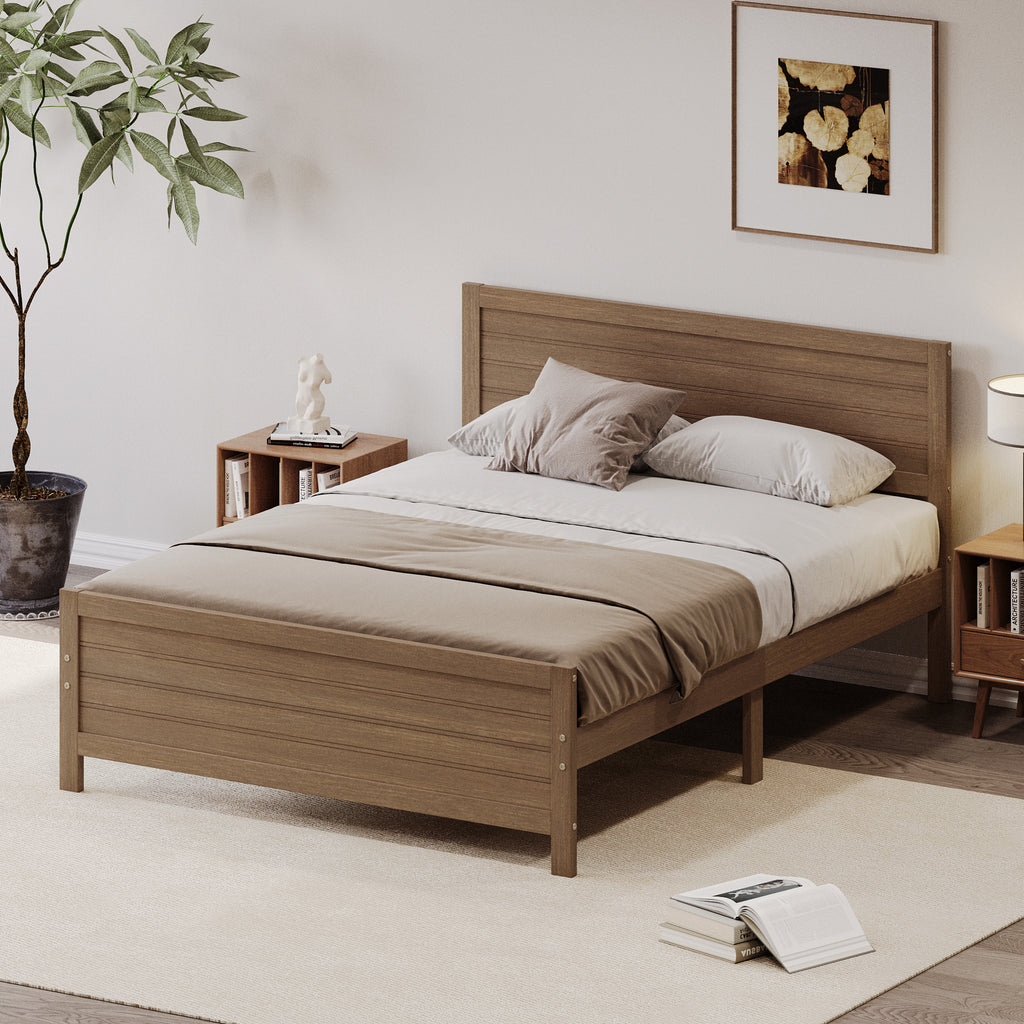 Leoglint Wood Platform Bed Frame with Headboard, Mattress Foundation with Wood Slat Support, No Box Spring Needed, Queen Size, Walnut