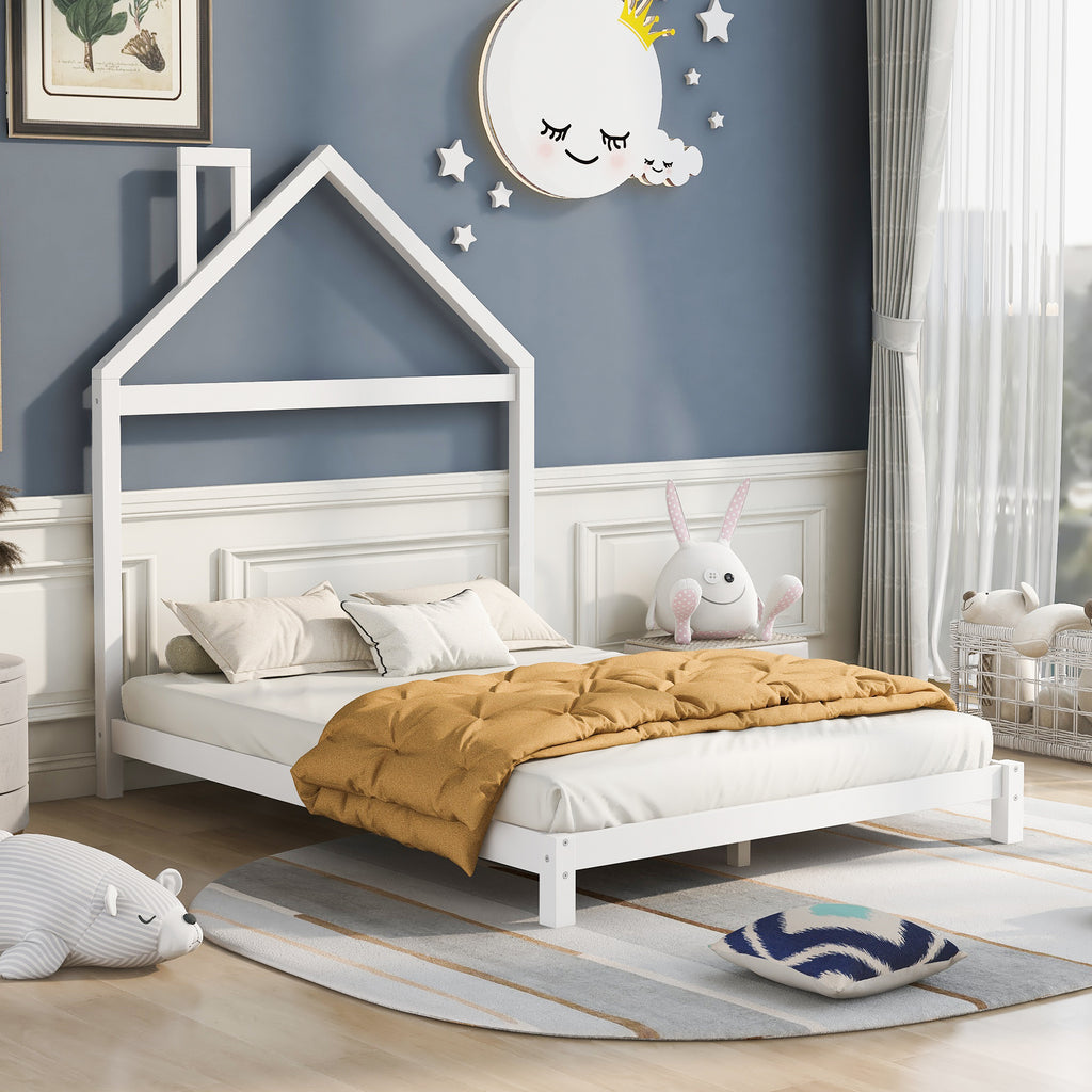 Leoglint Full Size Wood Platform Bed Frame with House-shaped Headboard  (White)