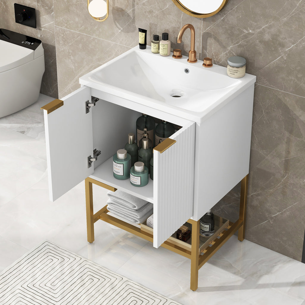 Leoglint 24" Bathroom Vanity with Sink, Bathroom Vanity Cabinet with Two Doors and Gold Metal Frame, Open Storage Shelf, White