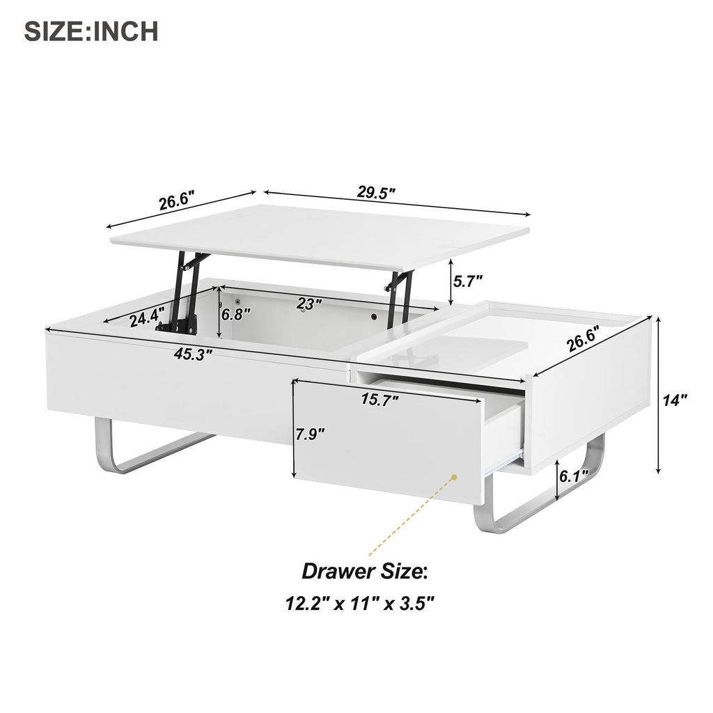 Leoglint [VIDEO provided] ON-TREND Multi-functional Coffee Table with Lifted Tabletop, Contemporary Cocktail Table with Metal Frame Legs, High-gloss Surface Dining Table for Living Room, White