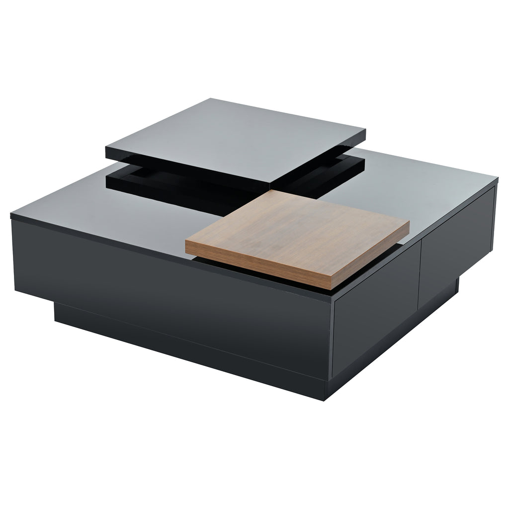 Leoglint U-Can Movable Top Coffee Table, Modern Square Wood Coffee Table with High Gloss finish, 4 Hidden Storage Drawers for Living Room