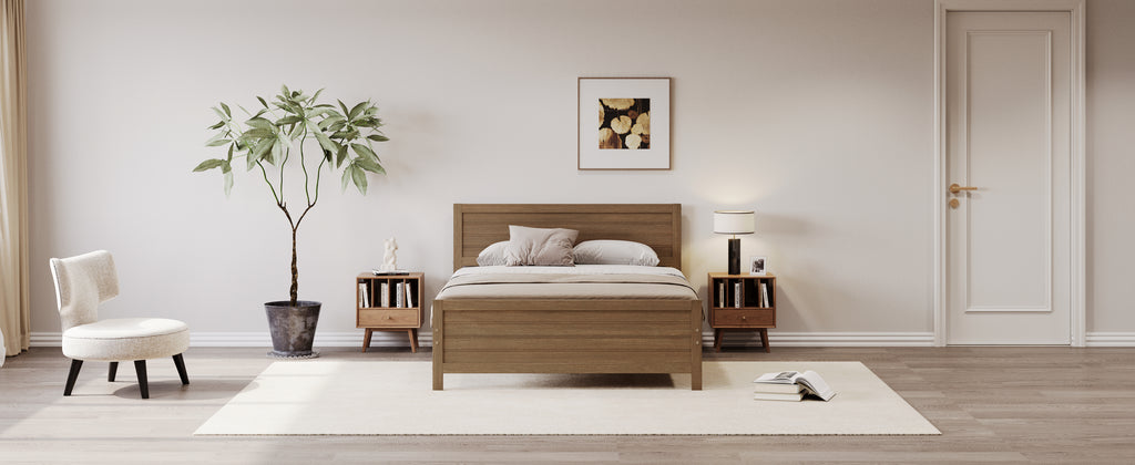 Leoglint Wood Platform Bed Frame with Headboard, Mattress Foundation with Wood Slat Support, No Box Spring Needed, Queen Size, Walnut