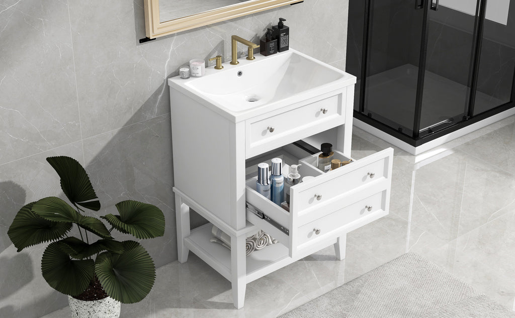 Leoglint 24" Bathroom Vanity With Sink, Bathroom Storage Cabinet with Drawer and Open Shelf, Solid Wood Frame, White