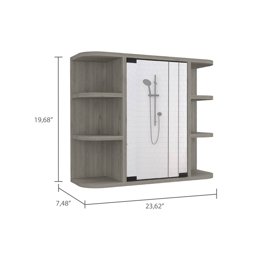 Leoglint Milan Medicine Cabinet, Six External Shelves Mirror, Three Internal Shelves -Light Gray