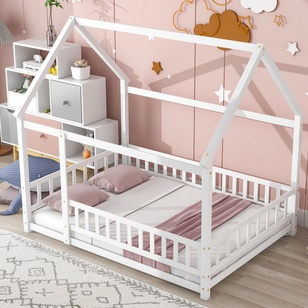 Leoglint Bed Frame Full Size Floor Wooden Bed with House Roof Frame, Fence Guardrails ,White