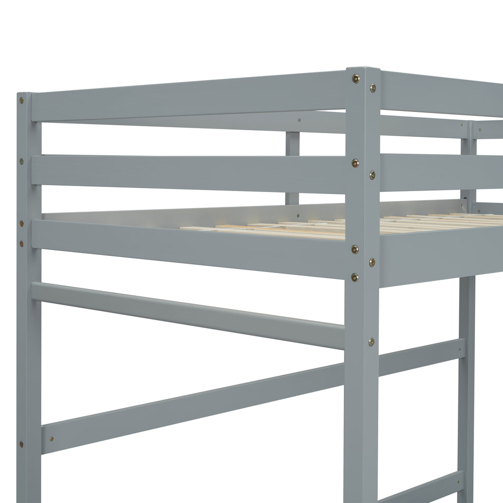 Leoglint Twin Size High Loft Bed Frame with inclined Ladder, Guardrails,Grey