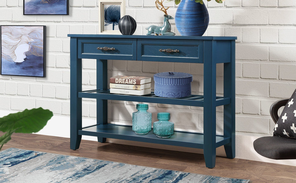 Leoglint Console Sofa Table with 2 Storage Drawers and 2 Tiers Shelves, Mid-Century Style 42'' Solid Wood Buffet Sideboard for Living Room Furniture Kitchen Dining Room Entryway Hallway,Navy Blue