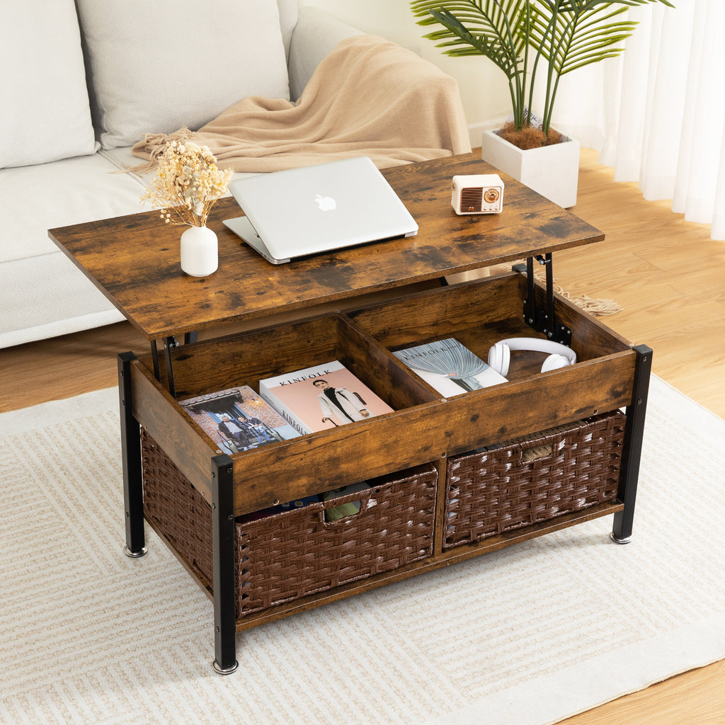 Leoglint Metal coffee table,desk,with a lifting table,and hidden storage space.There were two removable wicker baskets that could be placed in any space such as the living room,color:brown with fire wood grain