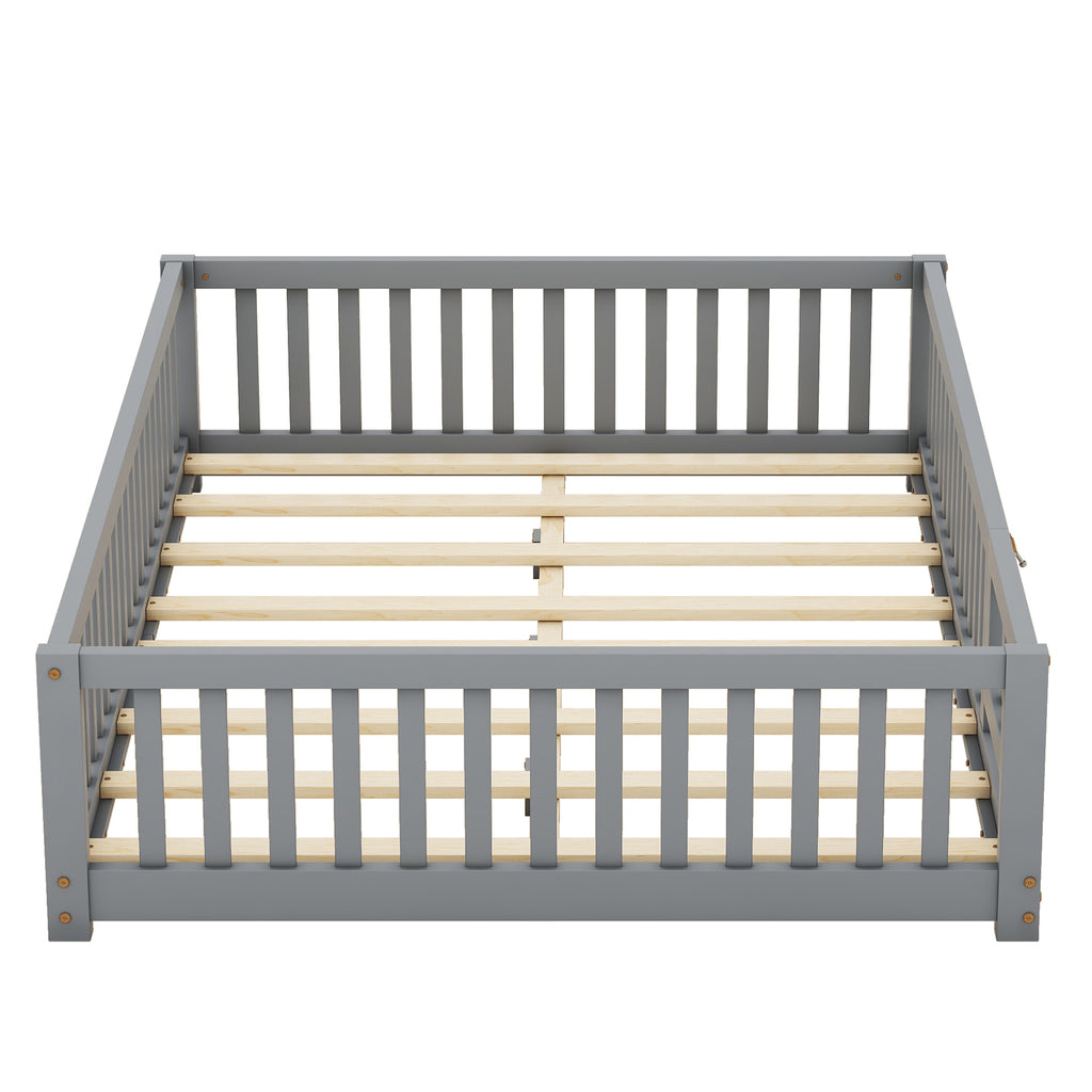 Leoglint Full Size Bed Floor Bed Frame with Safety Guardrails and Door for Kids, Gray(Old SKU: W158090691)