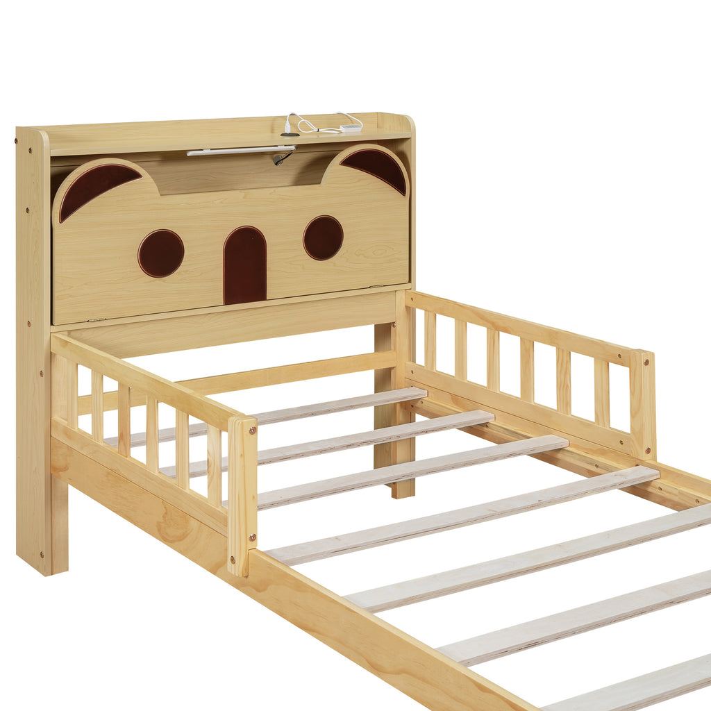 Leoglint Twin Size Car Bed Frame with Bear-Shaped Headboard, USB and LED, Natural