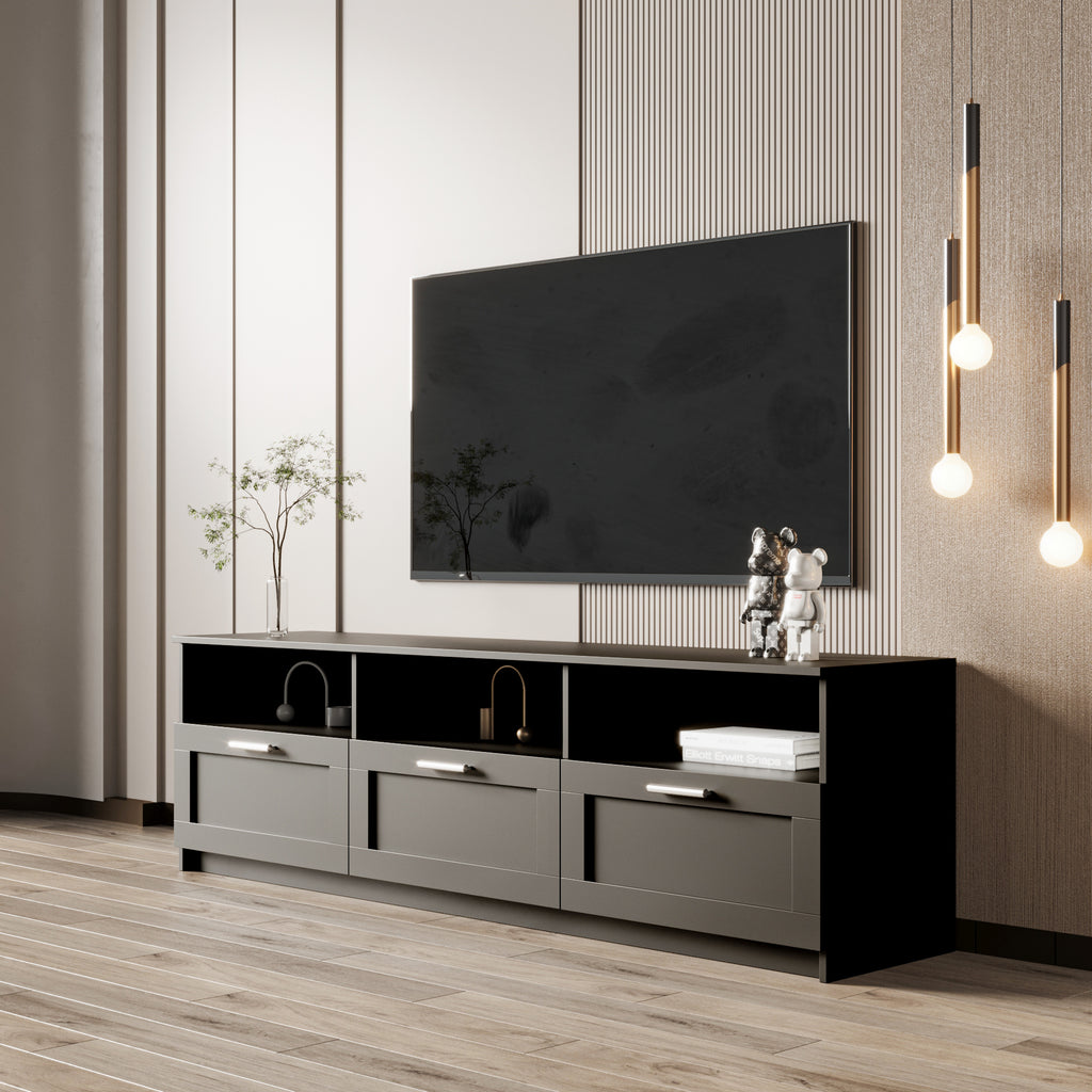 Leoglint Black modern minimalist TV cabinet 80 inch TV stand, open locker Living Room Bedroom