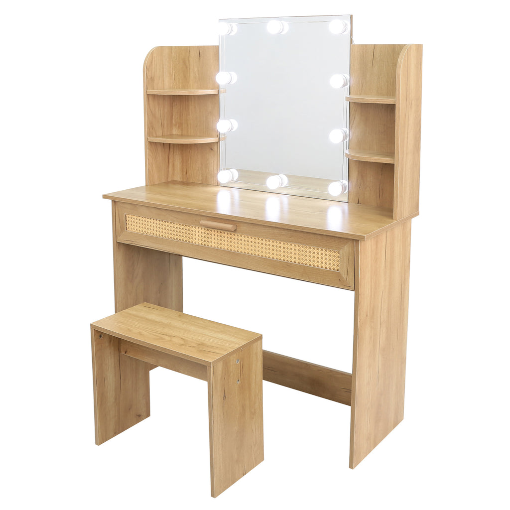 Leoglint Drawer Chest Vanity Desk Set Stool & Dressing Table with LED Lighting Mirror Drawer and Compartments Modern Wood Cosmetic Table Chest of Drawers Nature Color