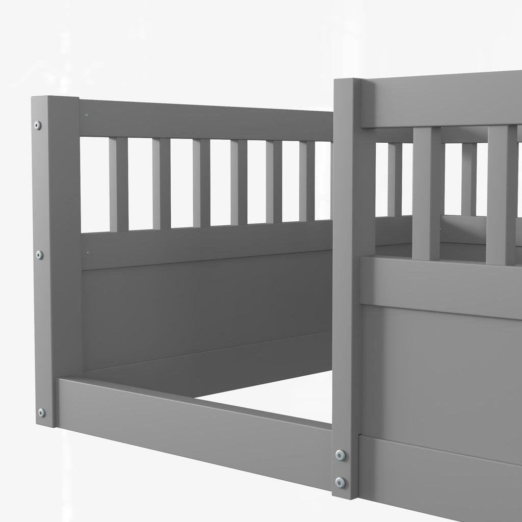 Twin Floor Bed Frame with Fence, Wood Kids Floor Beds Frame for Bedroom Playroom,Gray(Expect arrive date Jun. 21st)