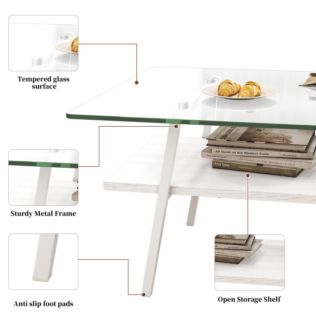 Leoglint Rectangle Coffee Table, Tempered Glass Tabletop with White Metal Legs, Modern Table for Living Room , Transparent Glass