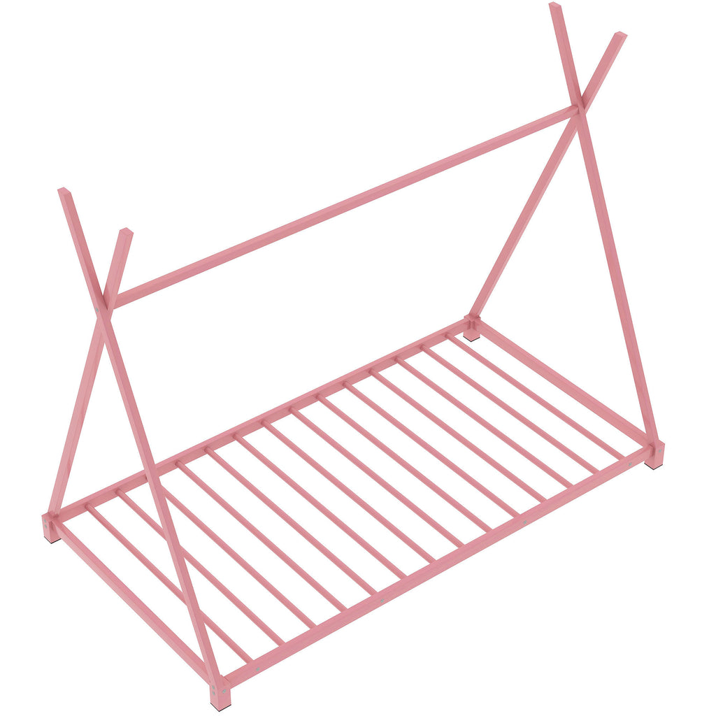 Metal Twin Size House Platform Bed Frame with Triangle Structure, Pink