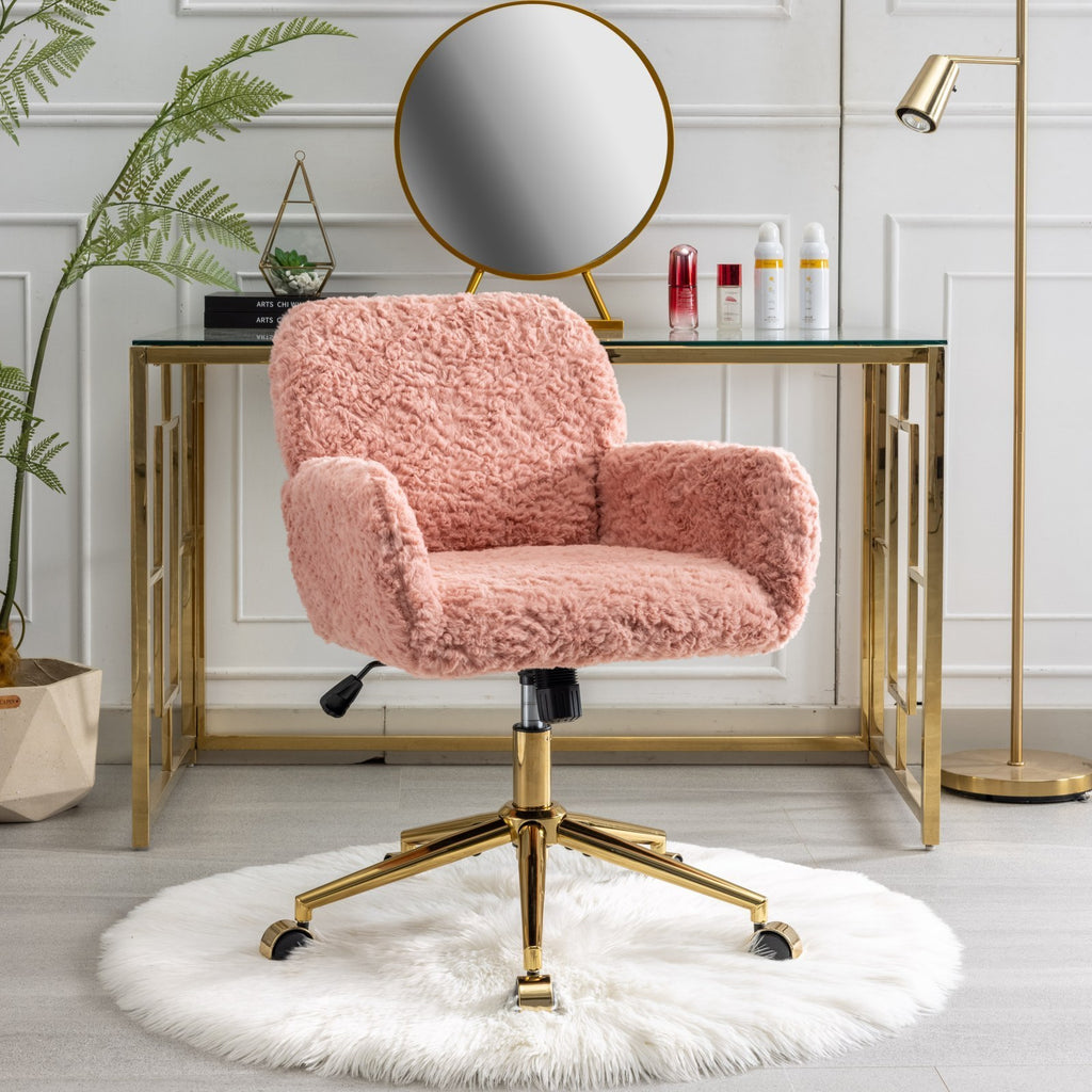 Leoglint A&A Furniture Office Chair,Artificial rabbit hair Home Office Chair with Golden Metal Base,Adjustable Desk Chair Swivel Office Chair,Vanity Chair(Pink)