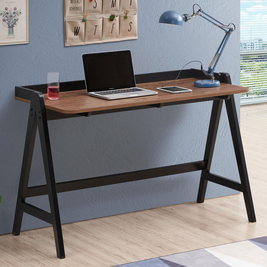 Leoglint Walnut and Black Writing Office Desk with USB Ports