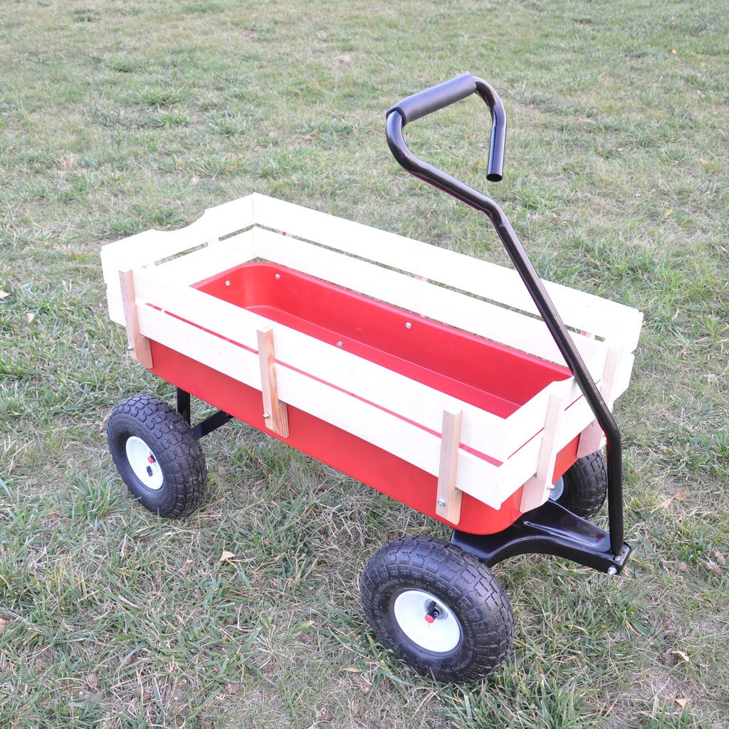 Leoglint Outdoor Wagon All Terrain Pulling Wood Railing Air Tires  Garden cart (Red+white)