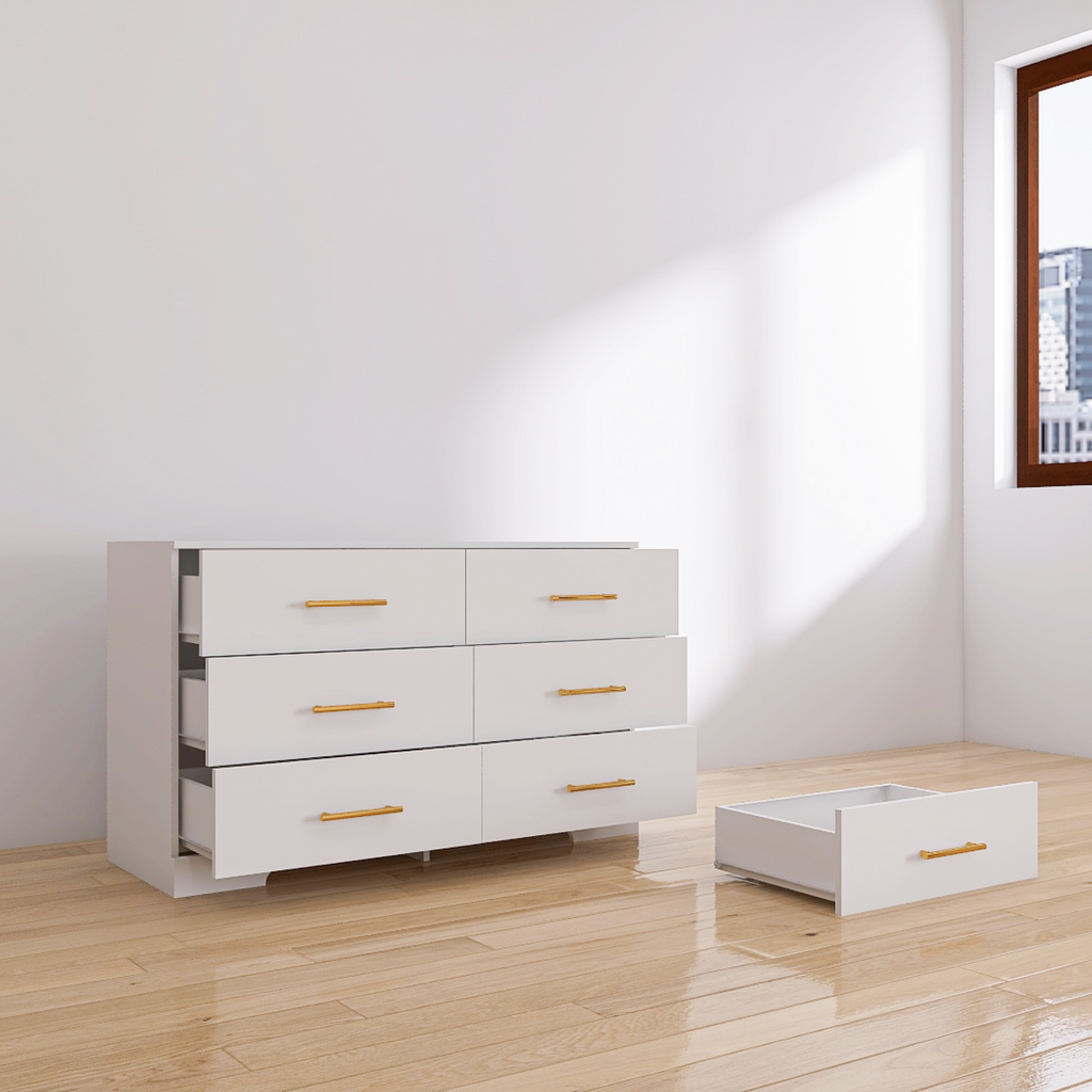 Leoglint Drawer Chest White color Large 6 drawers chest of drawer dressers table with golden handle