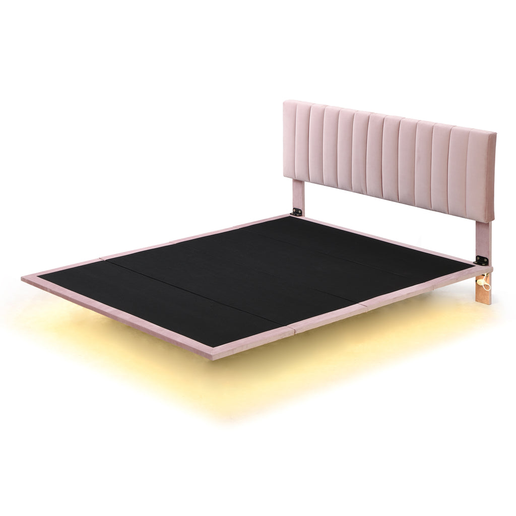 Queen Size Upholstered Bed Frame with Sensor Light and Headboard, Floating Velvet Platform Bed, Pink