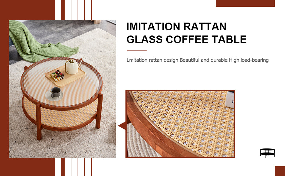 Leoglint Modern minimalist circular double-layer solid wood coffee table, craft glass tabletop, second layer material: PE rattan, solid wood frame. 34.6 '* 34.6' * 17.7''