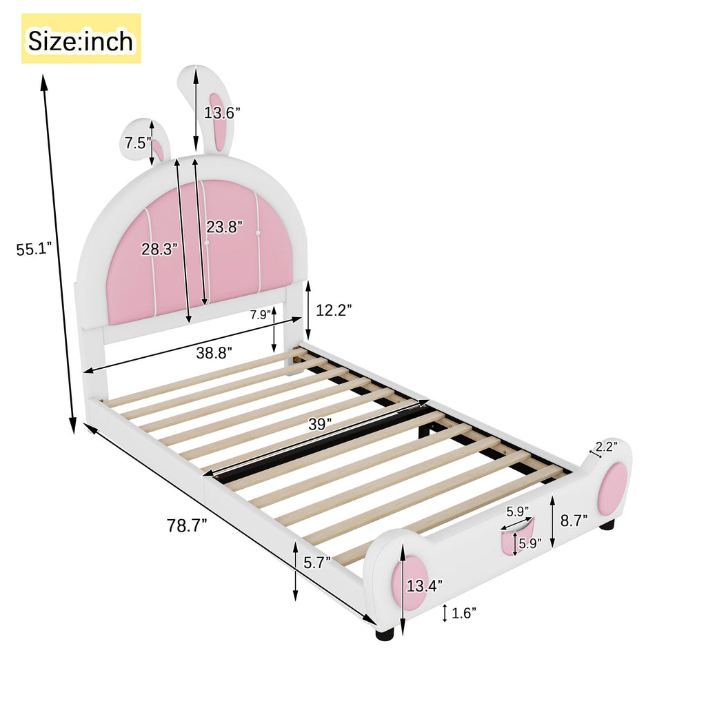 Leoglint Twin Size Upholstered Platform Bed Frame with Rabbit Shaped Headboard, White