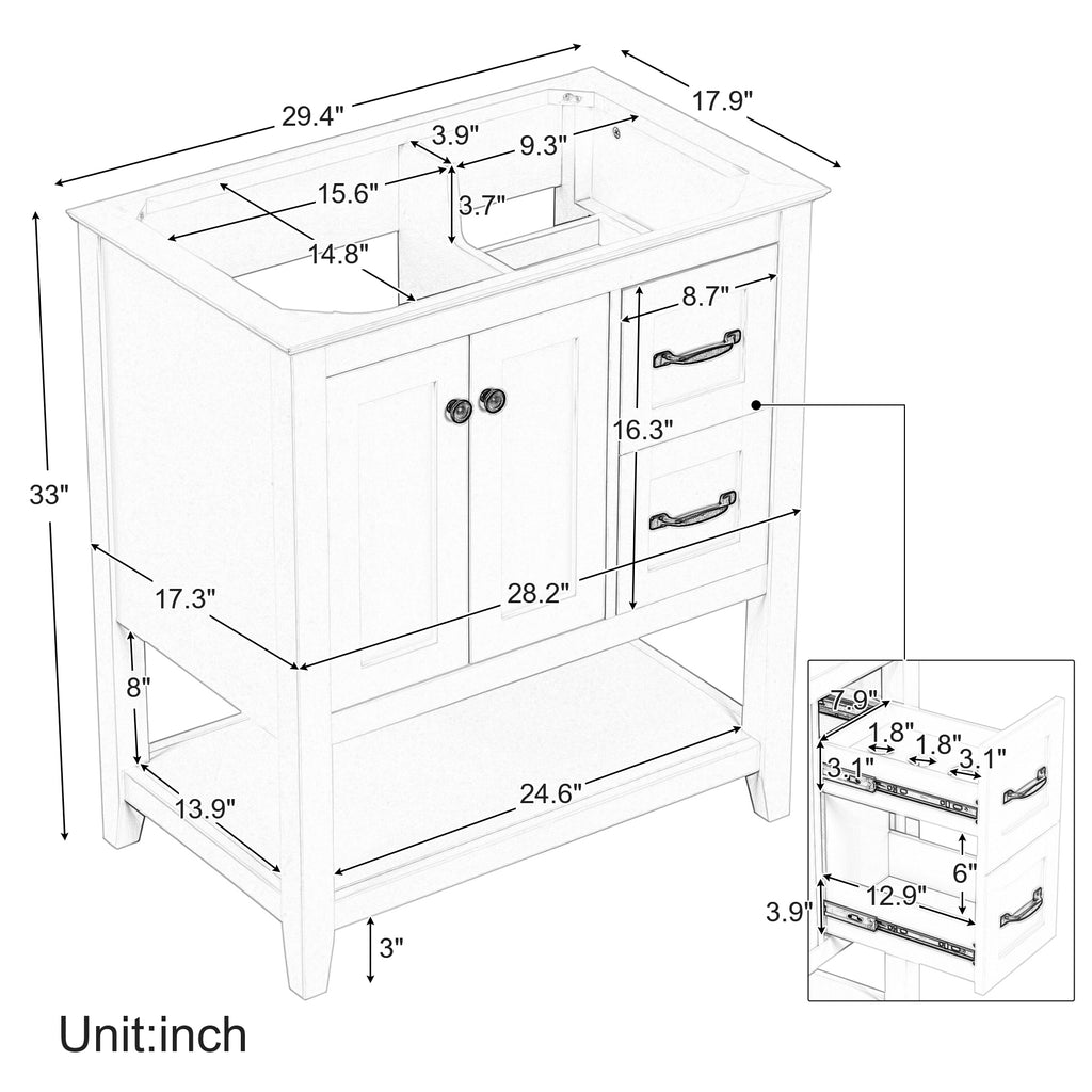 Leoglint 30" Bathroom Vanity without Sink Top, Cabinet Base Only, Vanity with Multi-Functional Drawer, White