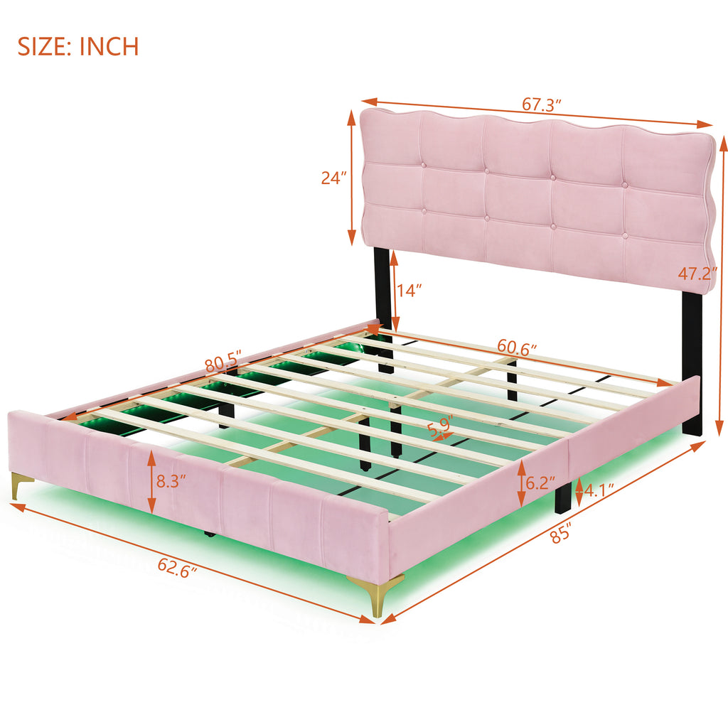 Queen Size Velvet Platform Bed with LED Frame and Stylish Mental Bed Legs, Pink