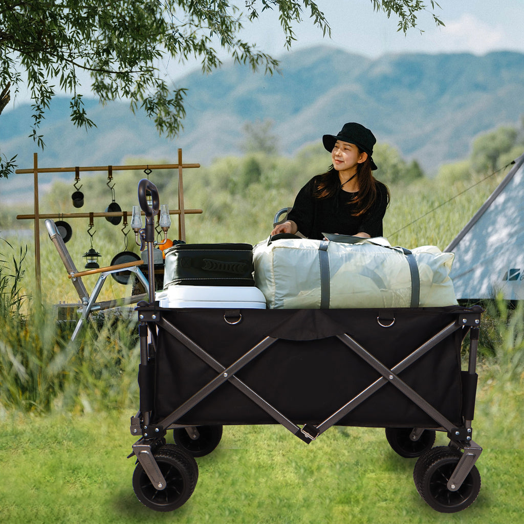 Leoglint Garden cart Folding Wagon, Heavy Duty Utility Beach Wagon Cart for Sand with Big Wheels, Adjustable Handle&Drink Holders for Shopping, Camping,Garden and Outdoor