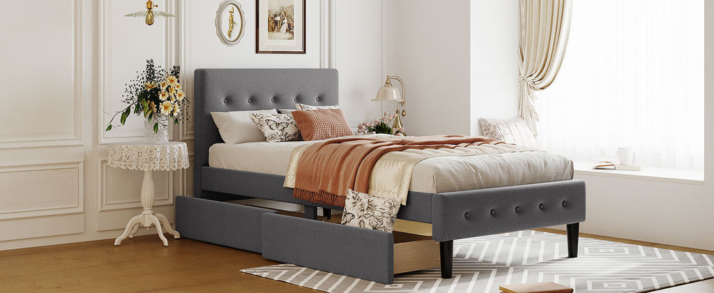 Leoglint Twin Size Upholstered Platform Bed Frame with 2 Drawers, Gray