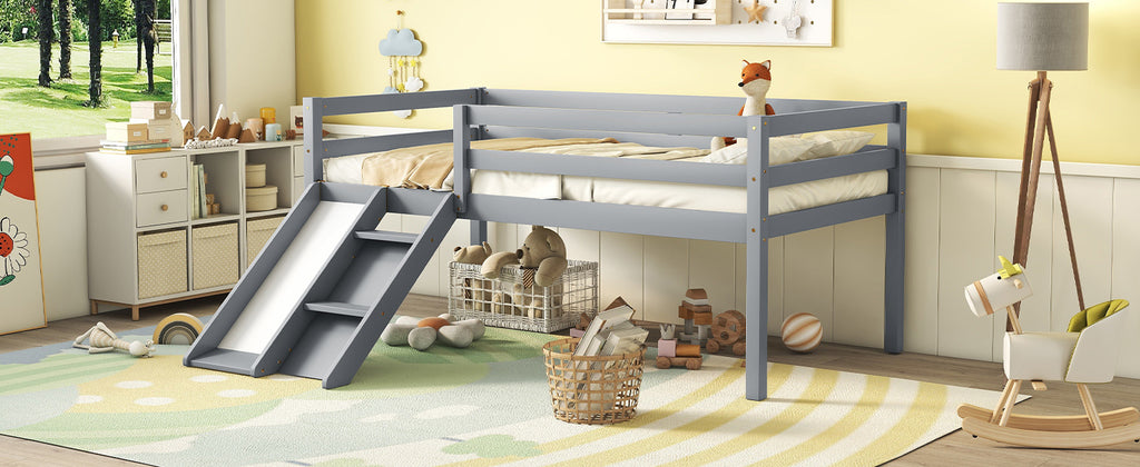 Twin Low Loft Bed Frame with Slide,  Ladder, Safety Guardrails, No Box Spring Needed,Grey