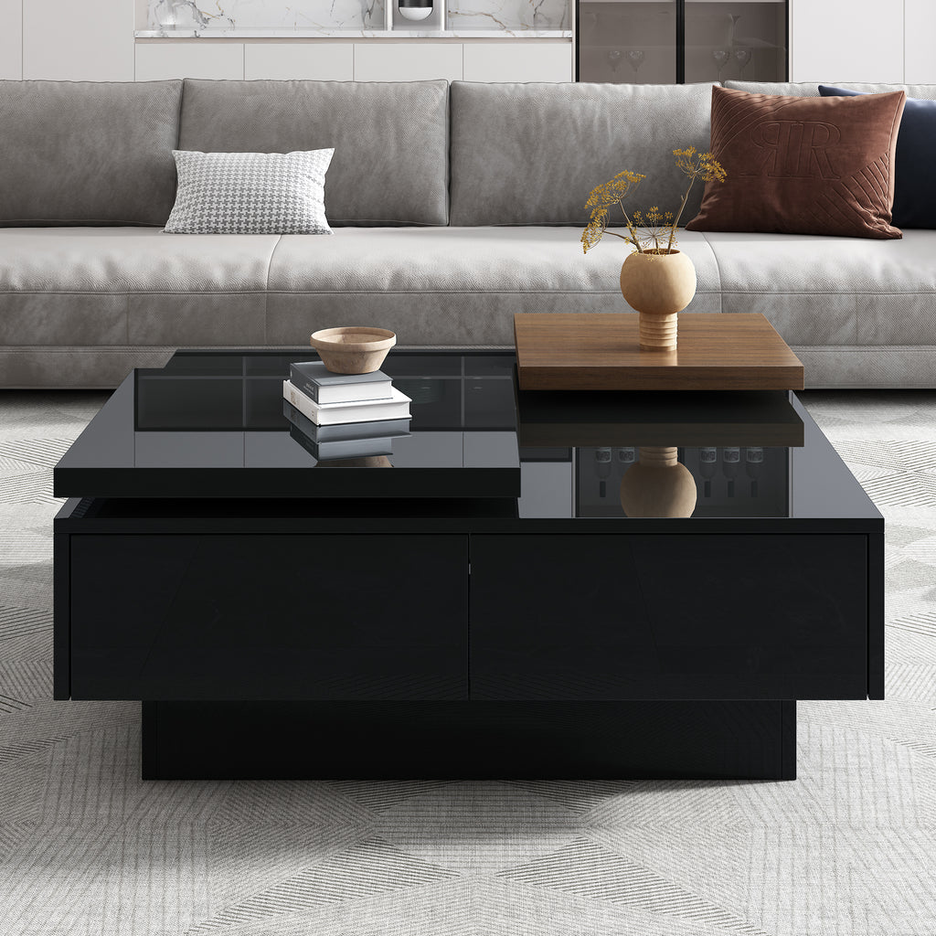 Leoglint U-Can Movable Top Coffee Table, Modern Square Wood Coffee Table with High Gloss finish, 4 Hidden Storage Drawers for Living Room