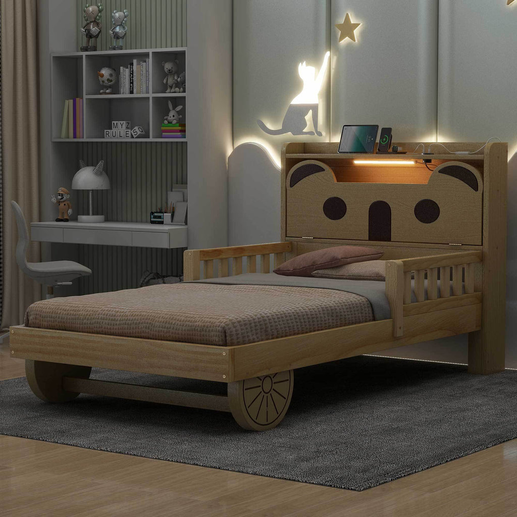 Leoglint Twin Size Car Bed Frame with Bear-Shaped Headboard, USB and LED, Natural