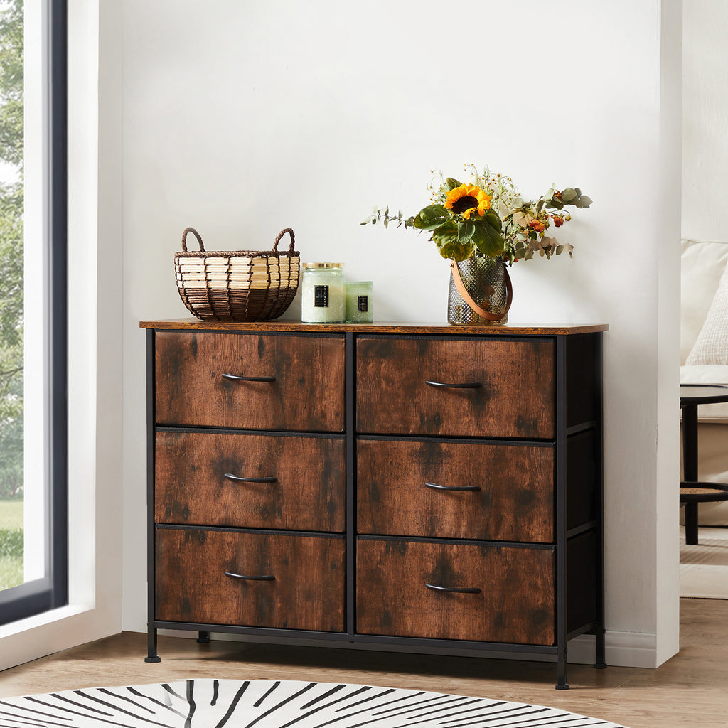 Leoglint Sweetcrispy Drawer Chest Dresser for Bedroom 6 Drawers Wide Fabric Storage Units Chest of Drawers for Bedroom with Metal Frame and Wooden Top for TV,brown