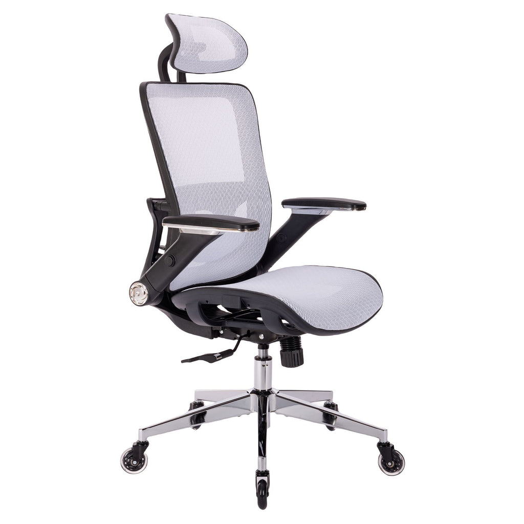 Leoglint WHITE Ergonomic Mesh Office Chair, High Back - Adjustable Headrest with Flip-Up Arms, Tilt and lock Function, Lumbar Support and blade Wheels, KD chrome metal legs