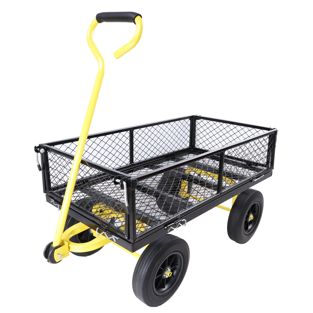 Leoglint (Black +Yellow solid wheels wagon cart)Solid wheels Tools cart Wagon Cart Garden cart trucks make it easier to transport firewood